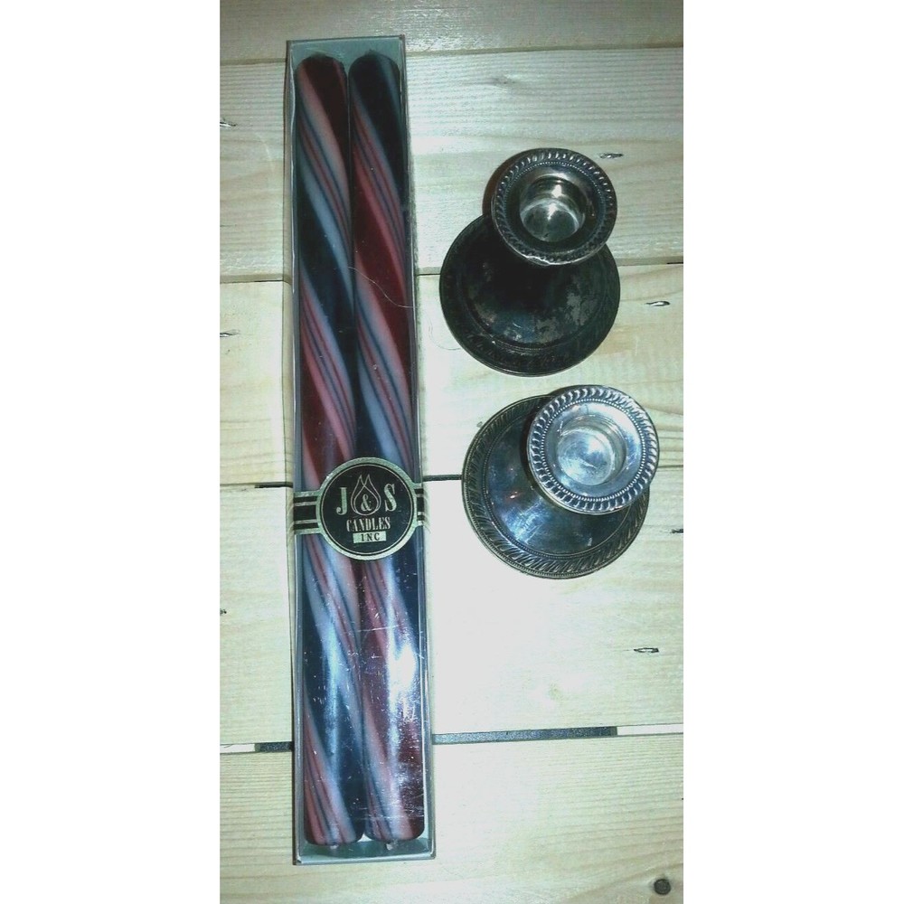 Pair Of Duchin Silver Candle Sticks w/ 12" J & S Handcrafted Candy Cane Candles